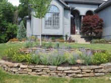 Homeowner had a yard with overgrown plants and lacked curb appeal in their opinion.   The solution was to add drought tolerate plants with lots of color and a small retaining wall. The retaining wall helped alleviate the steep slope.